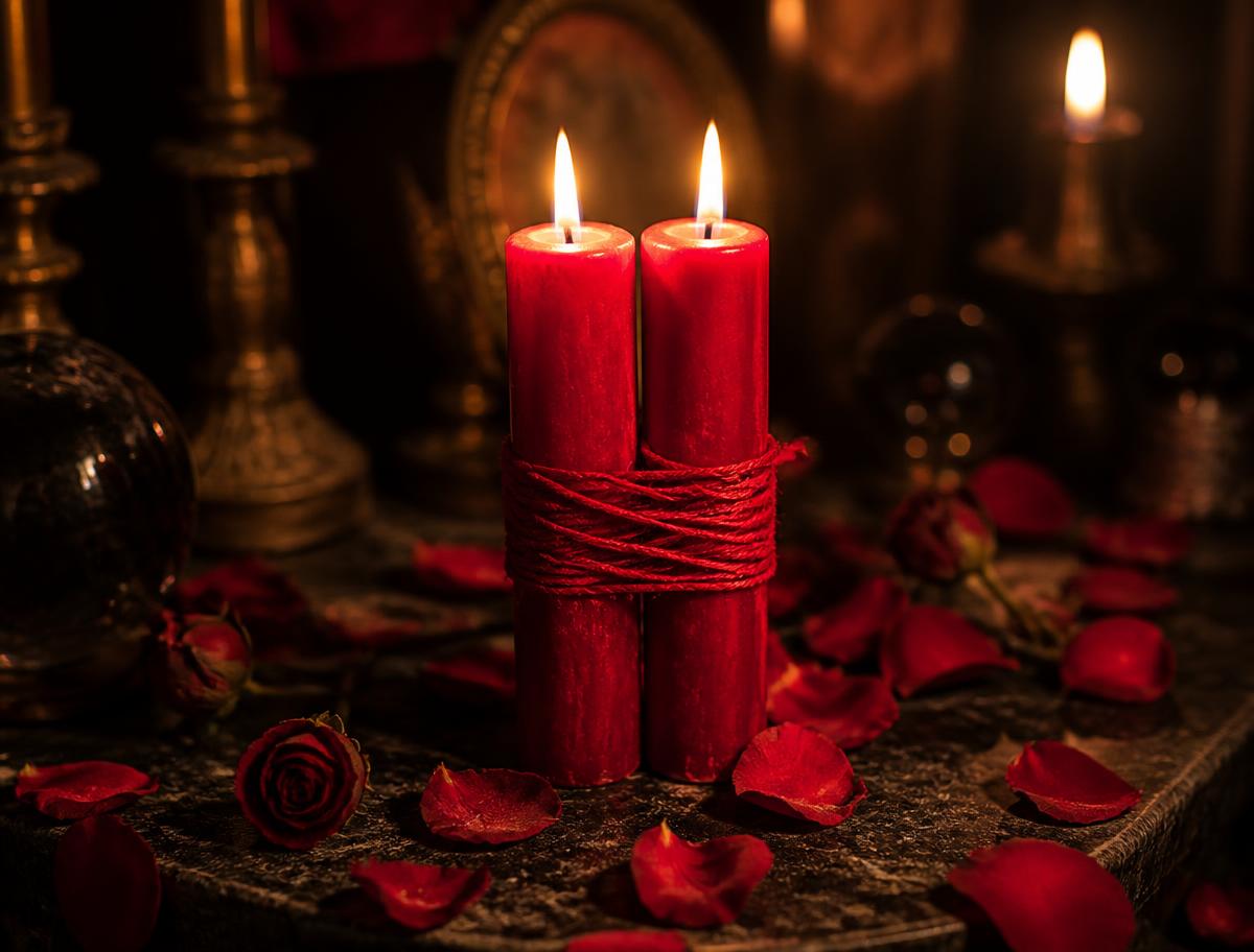 Velas vermelhas amarradas com linha em ritual de amarração amorosa