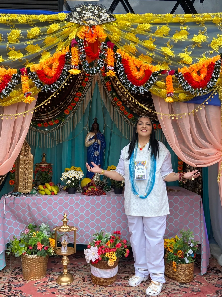 Médium Jordana diante do altar florido preparado para o ritual