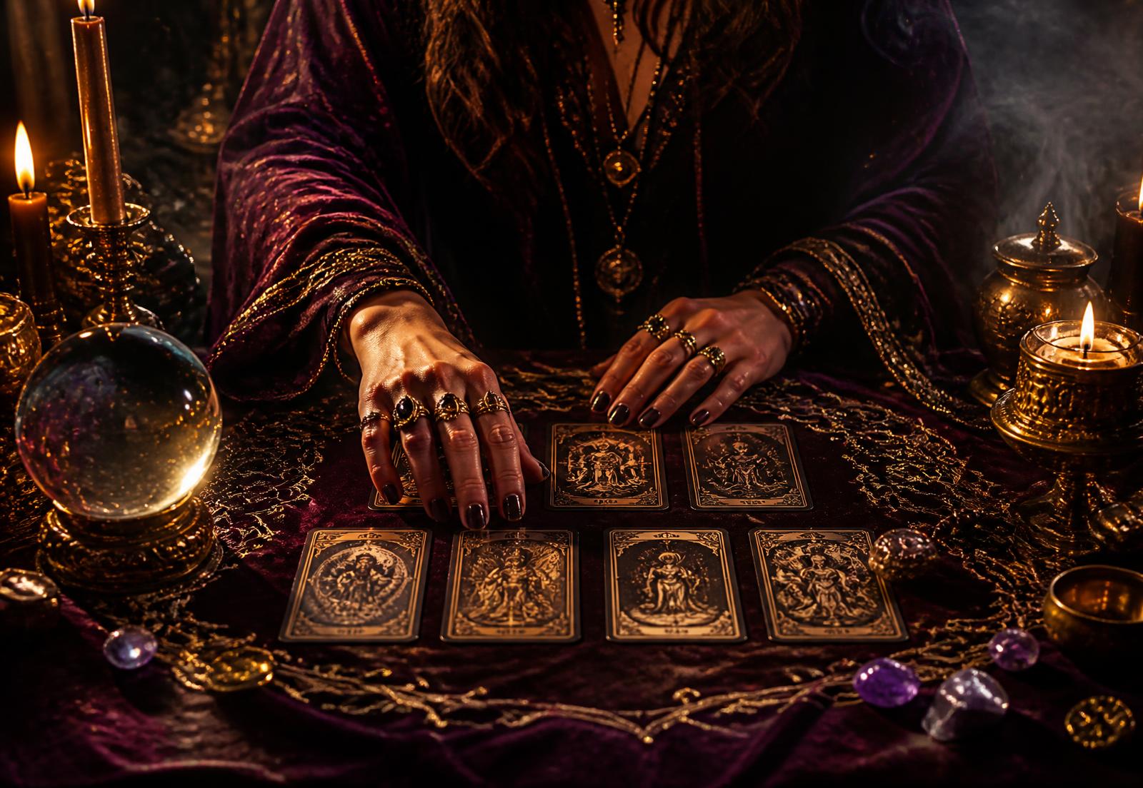 Mesa de tarot iluminada por velas no atendimento da Médium Jordana