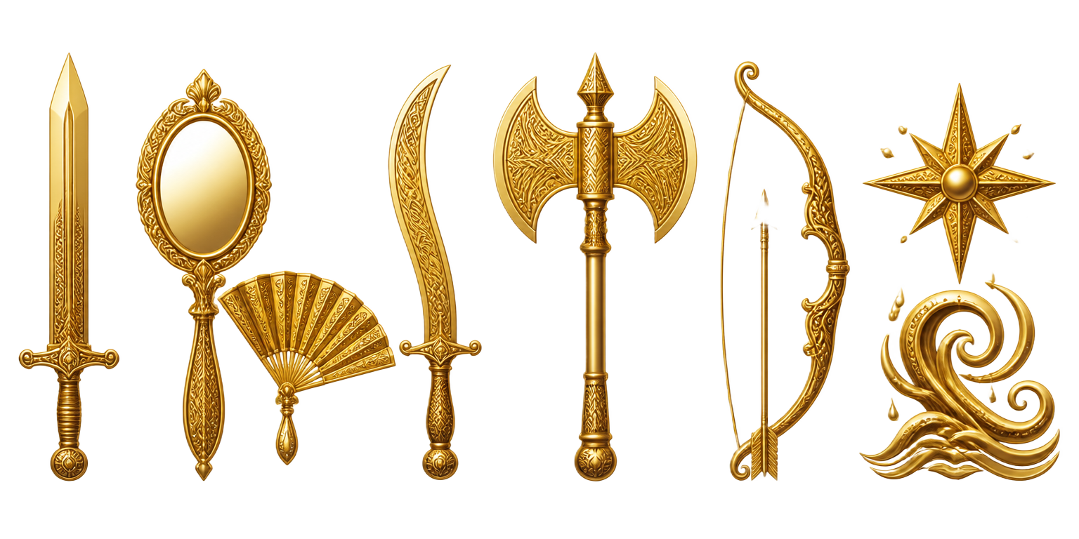 Símbolos dos orixás: espada de Ogum, espelho e abebé de Oxum, oxê de Xangô, arco de Oxóssi e estrela de Iemanjá